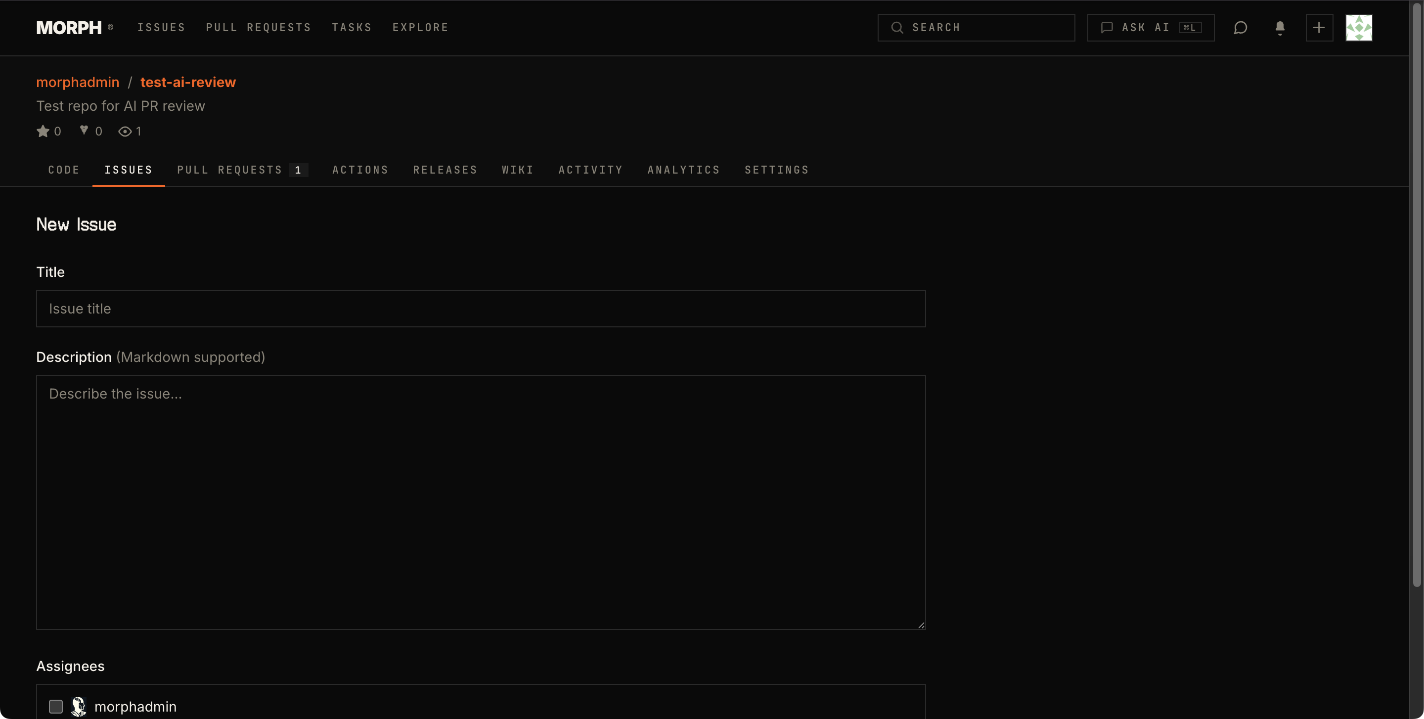 New issue form with markdown editor, title field, and assignee controls