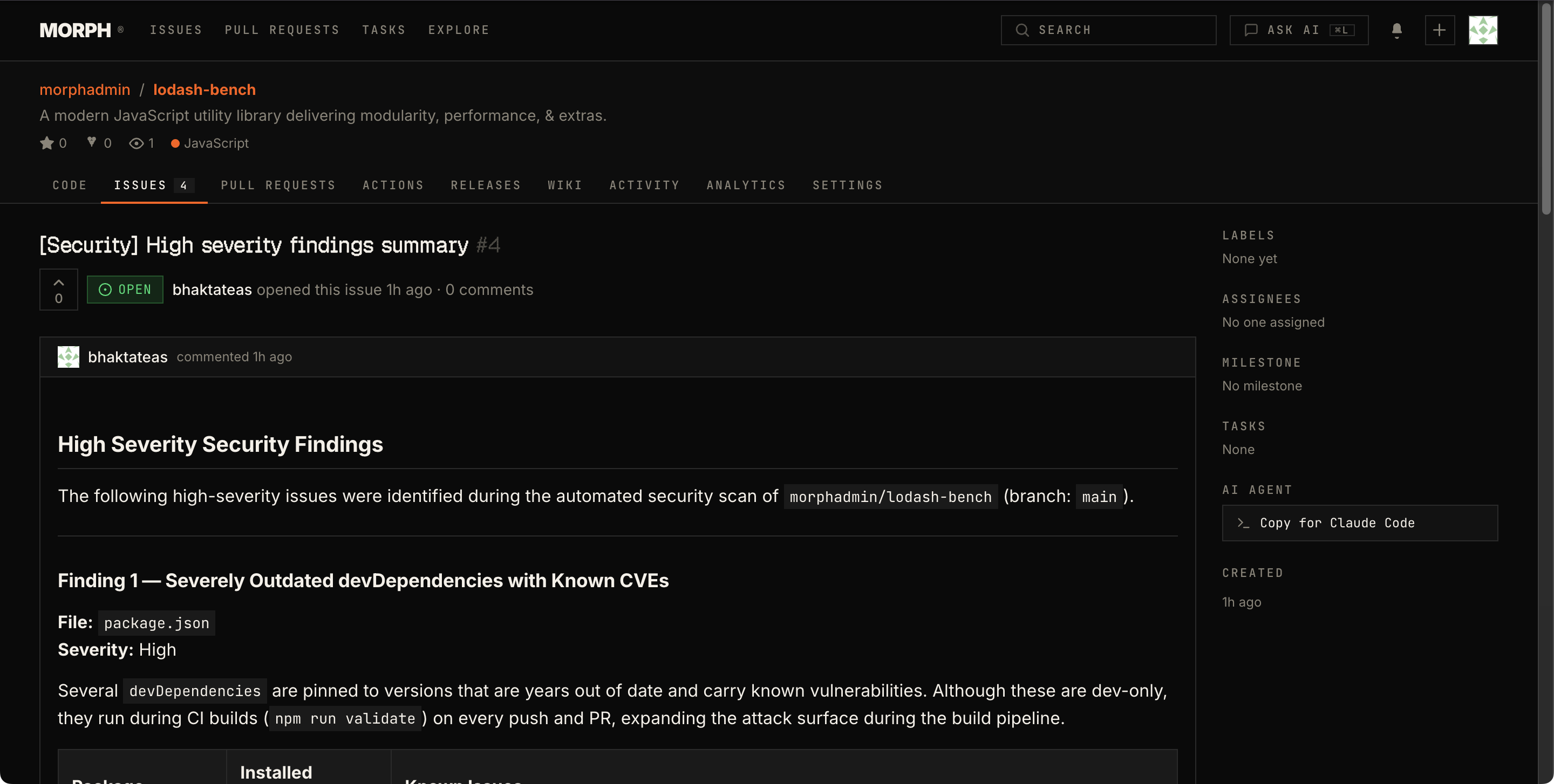 Security findings issue showing high severity vulnerabilities with CVE details